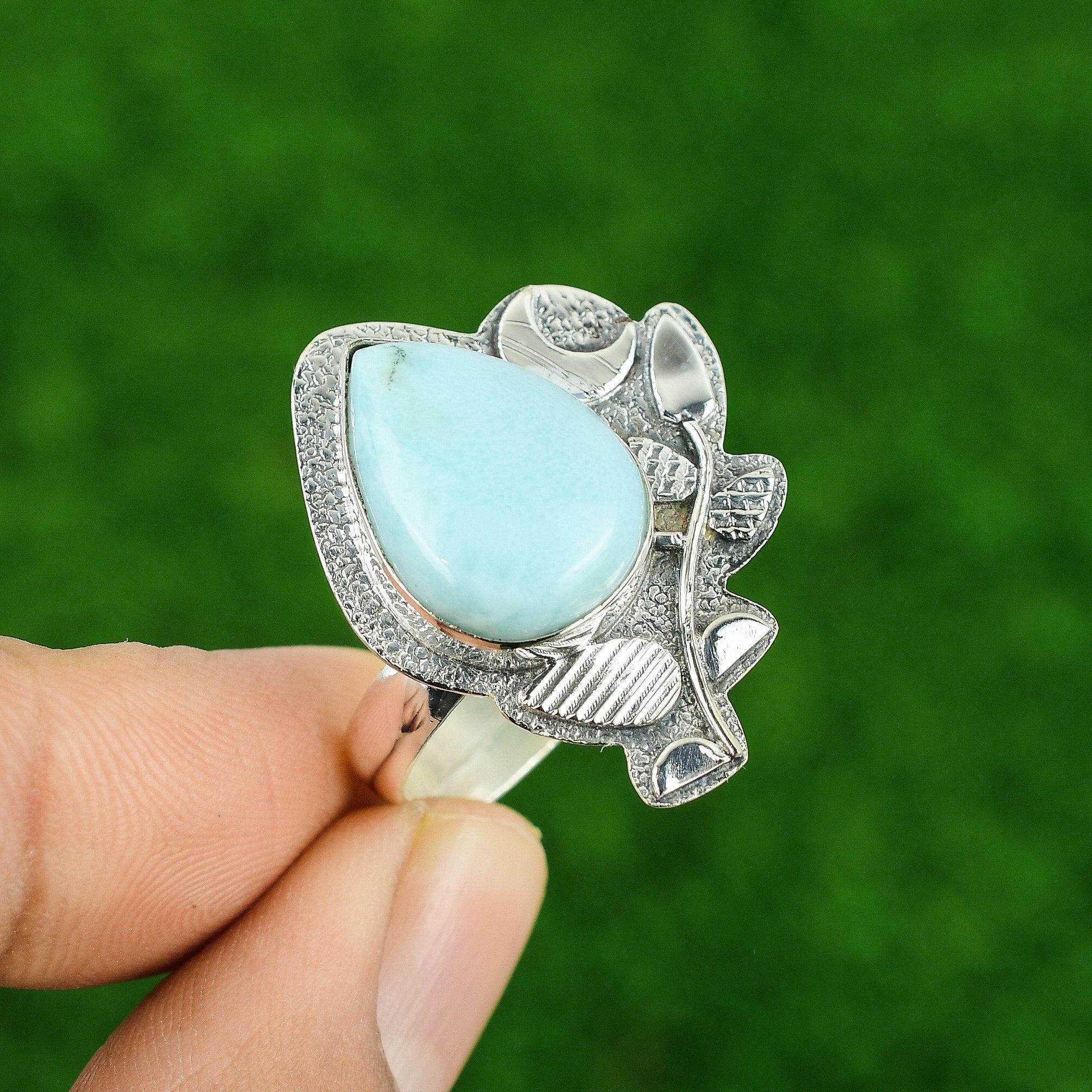 

Стерлинговое серебро Натуральный ларимар Полумесяц Штабелируемое эффектное кольцо Ювелирное изделие Adjustable