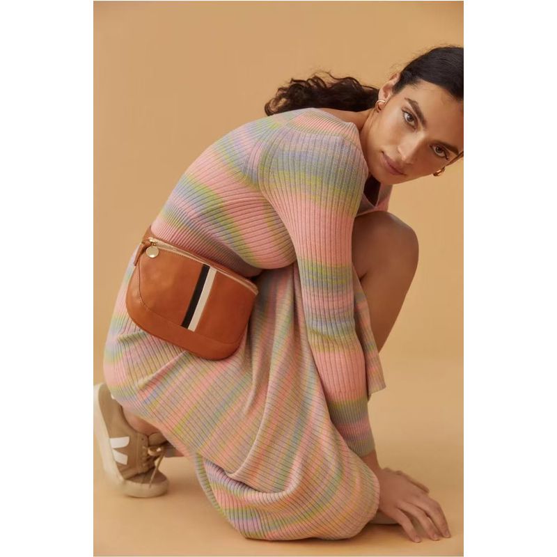American Style Home ~ Big Round Collar Knitting Stripes Dress Silm Slim Looking Mid Length Long Length
