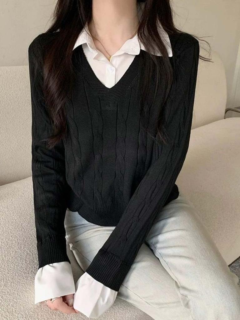 Women's Knitted Sweater Autumn Winter Shirt Collar Sweater Long Sleeved Top Fashion Clothing