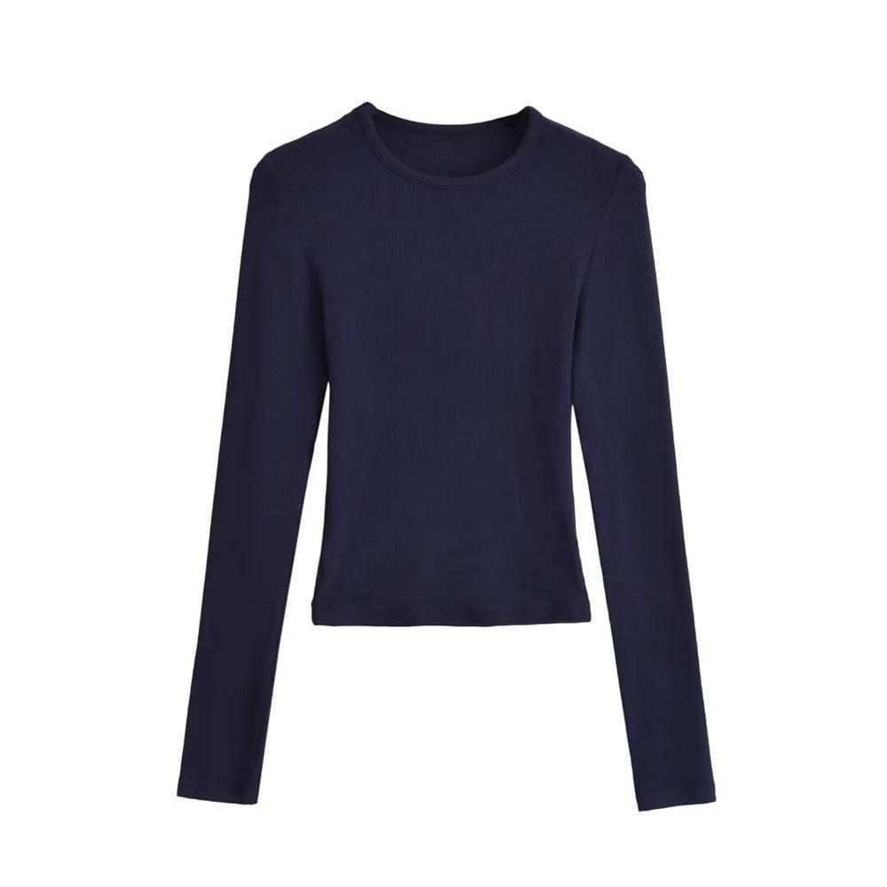 Trendy Women's Ribbed Long Sleeve Round Neck T-shirt - Slim Fit Autumn/Winter Base Layer in Solid Color.