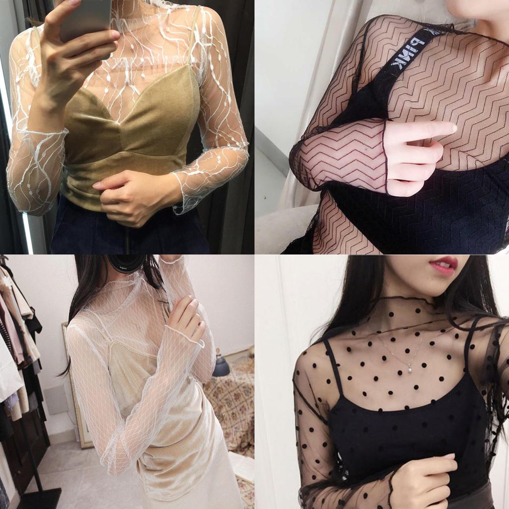 Women Mesh Top With Nylon Fabric Long Sleeve Sheer Lace Shirt For Spring Summer Fashion