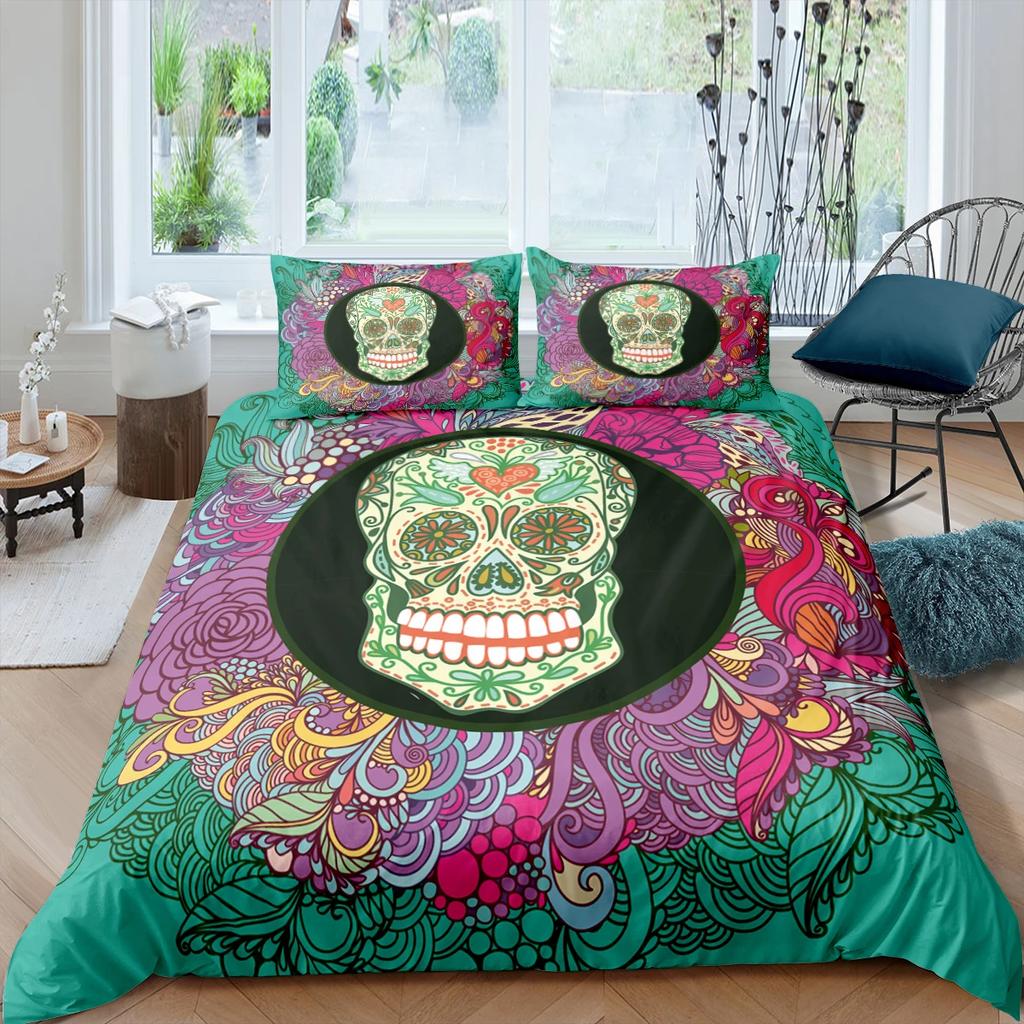Sugar Skull Bedding Sets King Beauty Kiss Skull Duvet Cover Bed Set Bohemian Print Black Bedclothes Queen Size Bedline