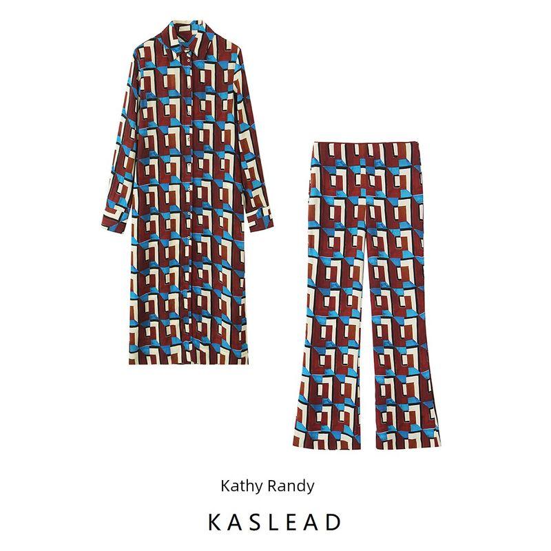 Kaslead New Arrival Women's Clothing Fashion Style Print Long Shirt Bell-Bottom Pants 2543094 2541090 020