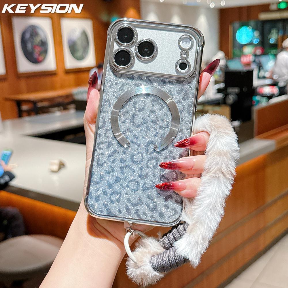 KEYSION Glitter Leopard Print Magnetic Phone Case for iPhone 13 14 15 16 17 Pro Max 17 Air 16 Plus With Plush Lanyard Shockproof Cover