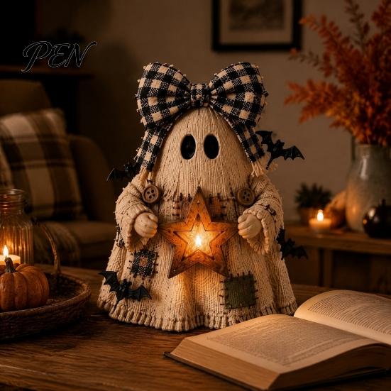 Small Apartment Ornaments Lighted Vintage Patchwork Ghost Figurine with LED Lantern, Rustic Farmhouse Halloween Figurine, Decorative Fall Figurines