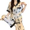 Girl Cute Cat Ice Silk Pajamas Women'S Summer Short Sleeves Trousers Premium Loungewear