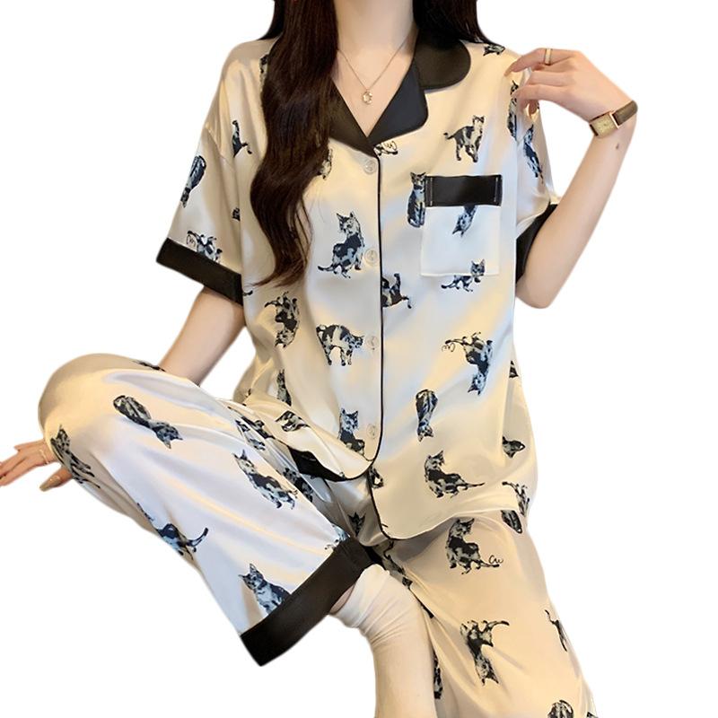 Girl Cute Cat Ice Silk Pajamas Women'S Summer Short Sleeves Trousers Premium Loungewear