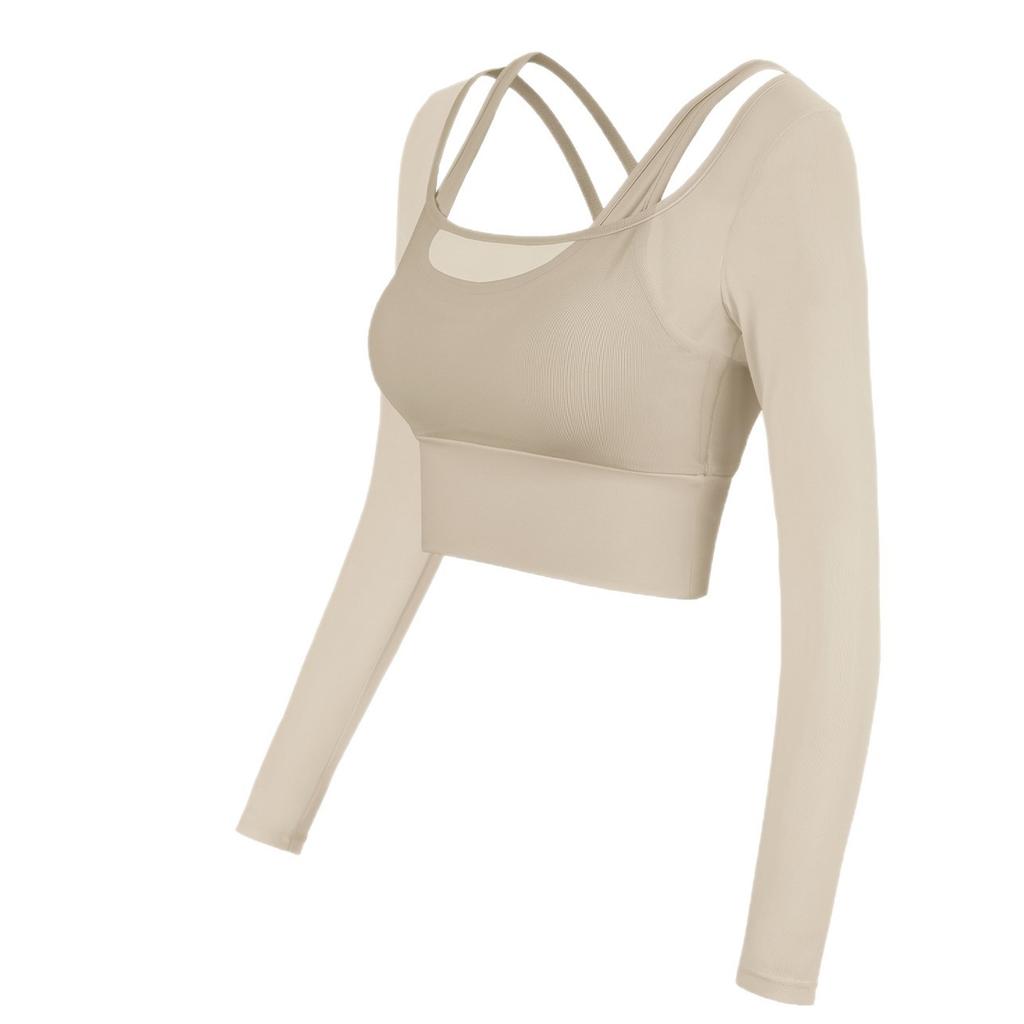 Yoga with chest pads, long sleeves, mesh stitching, fake two-piece yoga clothes, tops, fixed cups, fitness clothes, sports clothes, women's inside