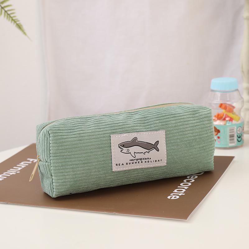 Stylish Shark Corduroy Pencil Case, Unisex Korean Design, Stain-Resistant, Large Capacity