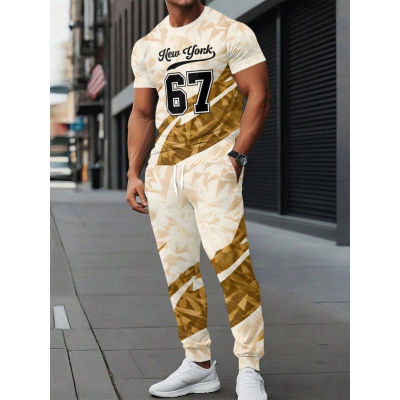 Men's Polyester Sportswear | Elegant Casual Crew Neck | Slightly Stretchy Knit with 3D Print | Regular Fit 2pcs Set