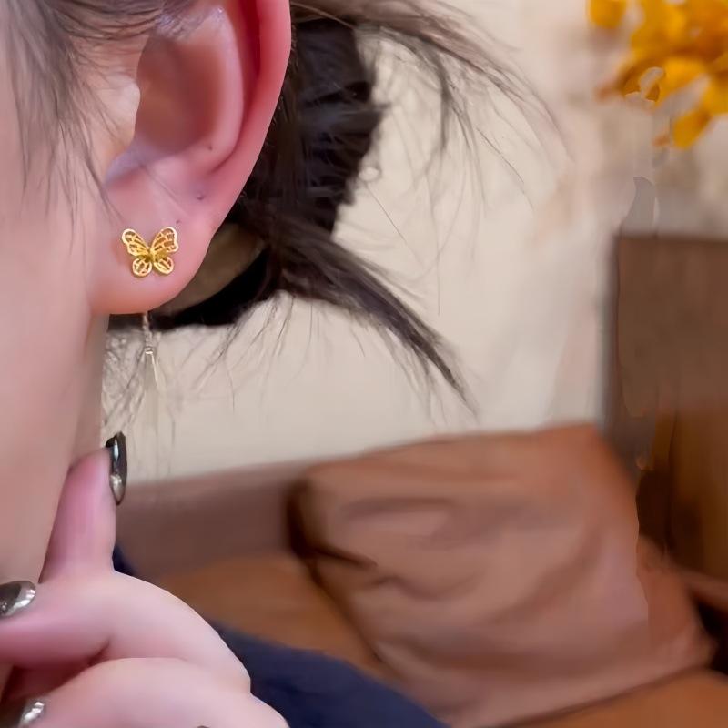 New Chinese Simple Golden Butterfly Fringed Ear Line Women's Fashion Exquisite Stud Earrings Niche Versatile High-end Trendy Earrings