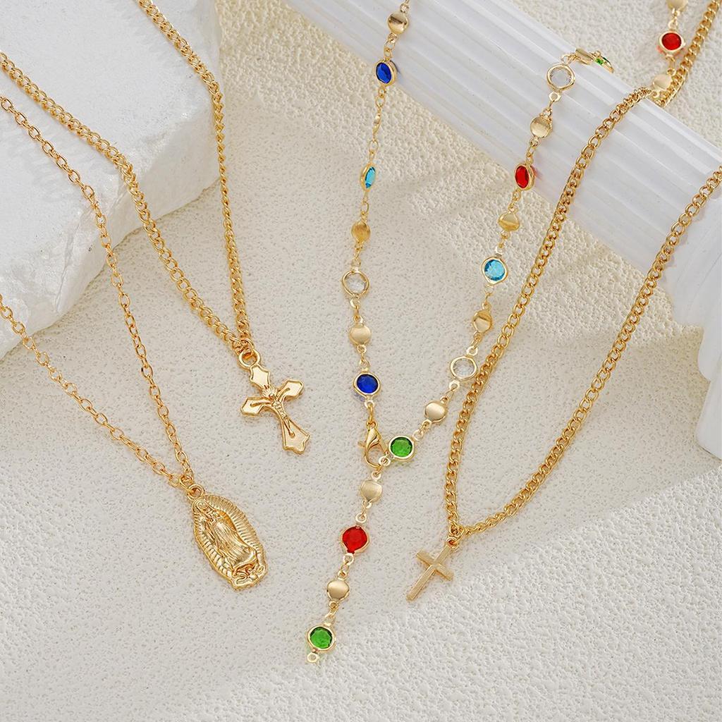 4Pcs Cross Pendant Necklace Set for Women Trendy Colorful Chain Long Necklace Party Jewelry