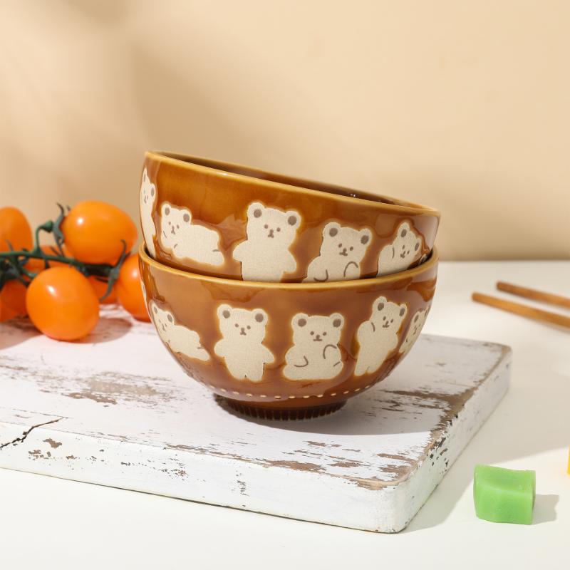 1pc Cartoon Bear Embossed Small Bowl 11.3x6.3cm/4.4x2.4inches High Temperature Resistant Household Tableware Ceramic Bowl