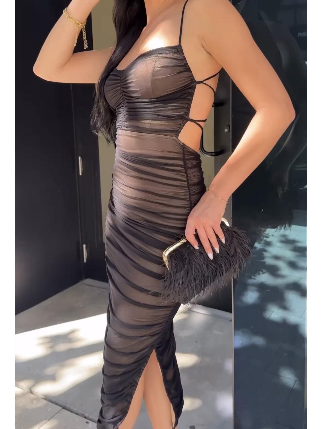 

Sultry Women s Bodycon High-Slit Tulle Dress with Sheer Suspender Design Small
