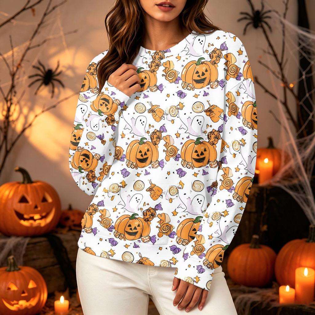 Women's Halloween Print Long Sleeve Pullover Hoodie Casual Round Neck Top