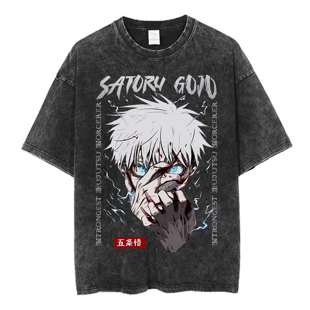 Washed Vintage Anime Jujutsu Kaisen T-shirts Fushiguro Toji Satoru Gojo Geto Suguru Graphic T-shirt Men Cotton Oversized T Shirt