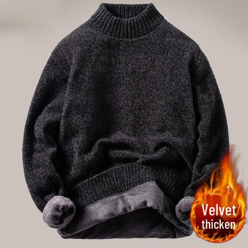 

Men s 2025 Korean-Style Sweater, Fleece-Lined Half-High Collar, Solid Color Knitwear 4XL темно-сірий
