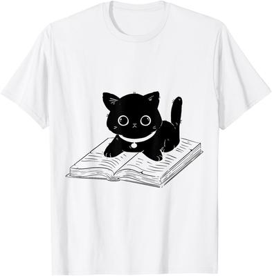 This Soft Shortsleeved Tshirt Features A Cute Black Cat Reading A Book Design and Is Perfect for Everyday WearSummer Streetwear