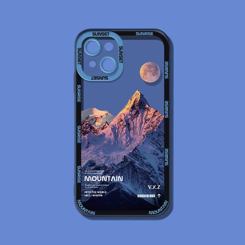 INS Purple Blue Sunset Snow Mountain Phone Case For iPhone 14 15 13 12 11Pro Max XR X XS Natural Scenery Shockproof Bumper Cover
