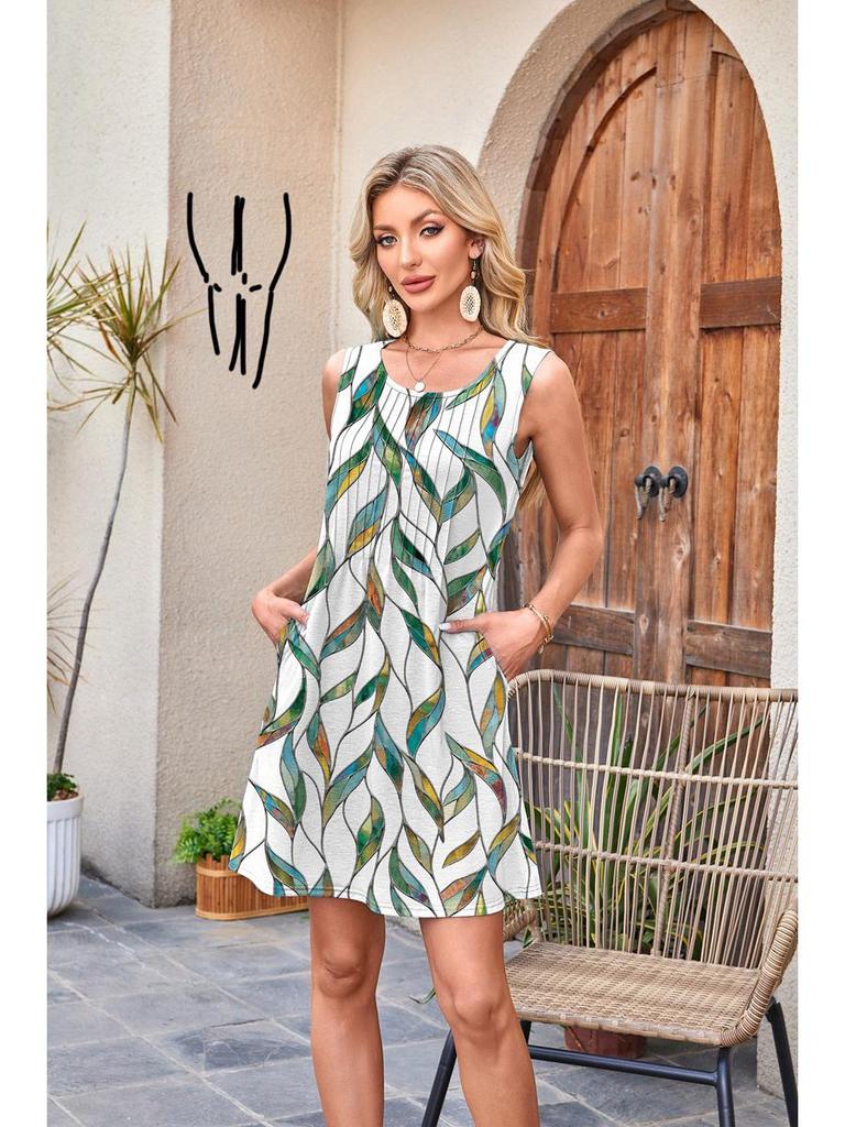 European American Women's Sleeveless Drawstring Pocket Dress - Round Neck Print