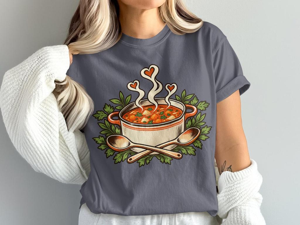 Soup Lover T | Heart Steam Stew Pot Graphic Tee, Cottagecore Vintage Kitchen | Comfort Food Gift
