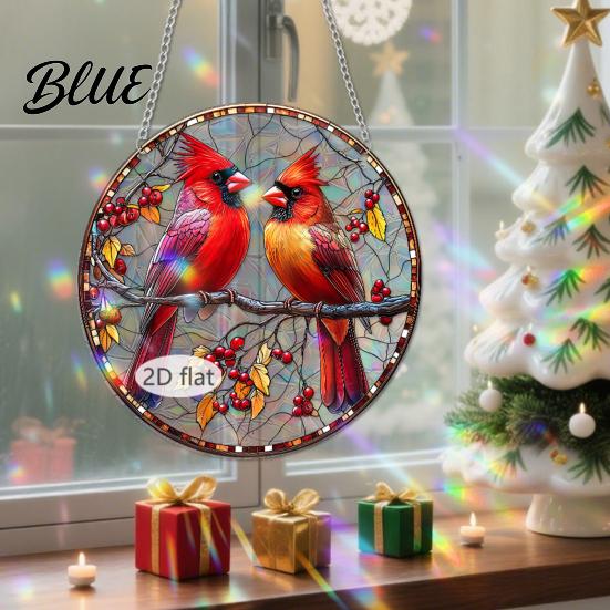 Christmas Window Decorations Acrylic Hanging Decor 2D Holographic Stained Glass Art Vintage Style Holiday Ornament with Metal Chain Double-sided