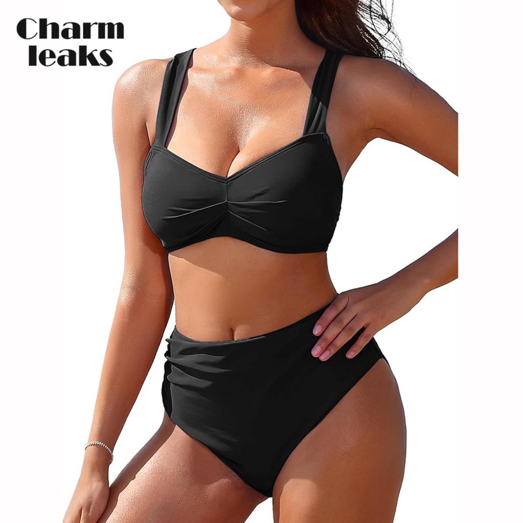 Charmleaks Women High Waisted Bikini Sets Two Piece Swimsuit Ruched Sexy Bandeau Bathing Suit