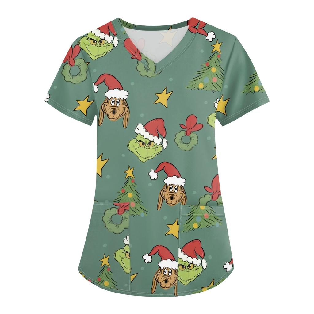 Women's Christmas Printing Uniform Work Uniform V-Neck Pocket Protective Work Uniform