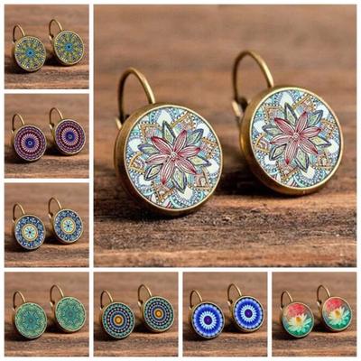 New Boho Vintage Geometric Pattern Round Flower Drop Earrings for Women Fashion Jewelry Party Gifts