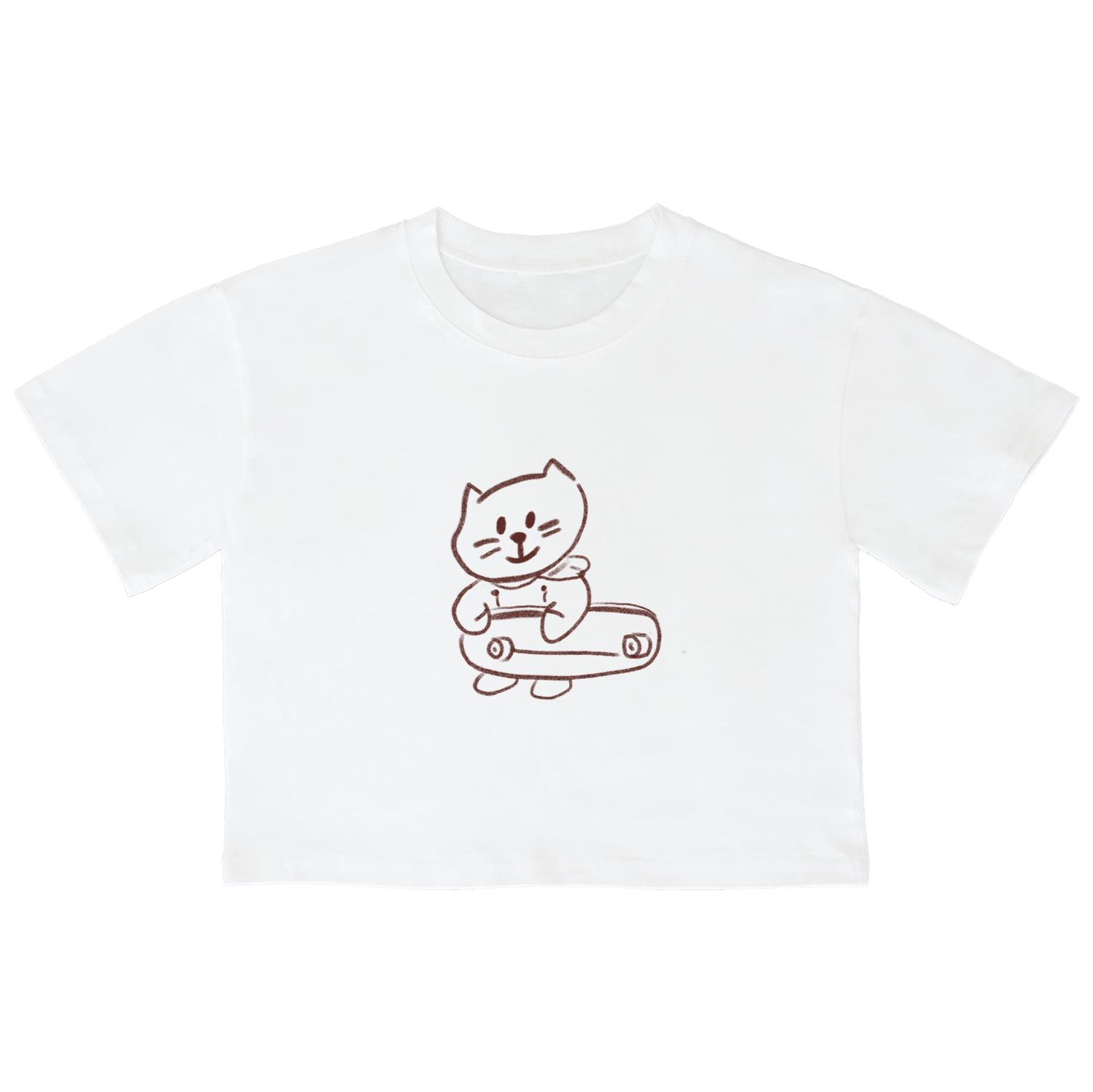 Awesome Us (23Ss) Skate Board With Smile Cat Brown Crop Short Sleeve T-Shirt White Free/Free
