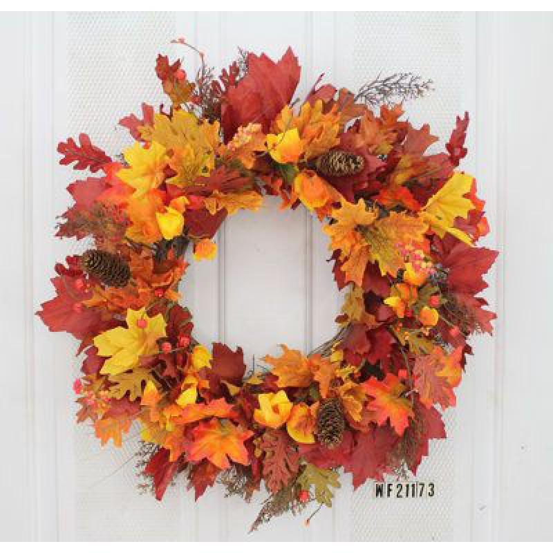 Harvest Wreath With Pumpkins Berries Vine Circle Halloween Thanksgiving Door Decor