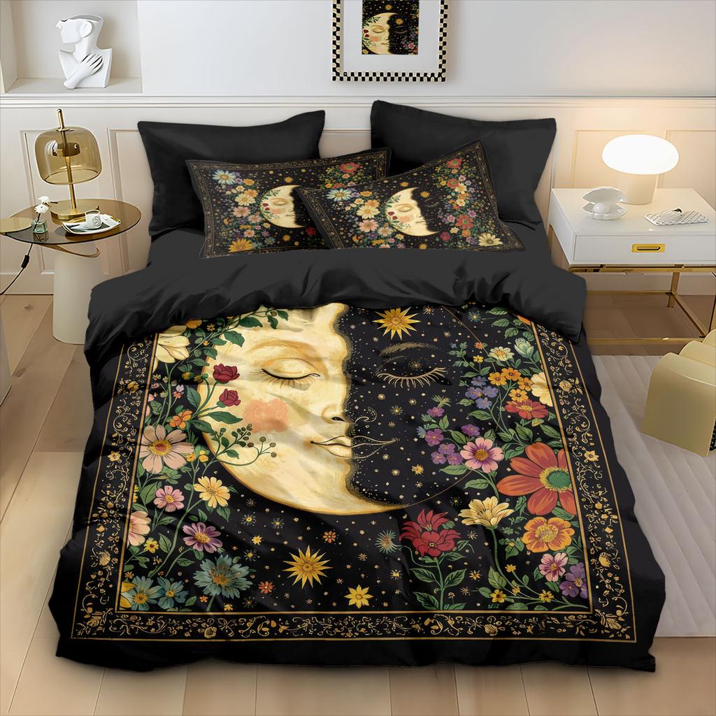 3pcs Moon Flower Printed Coreless Quilt Set, Multi Size Comfortable Bedroom Bedding Decoration, Machine Washable