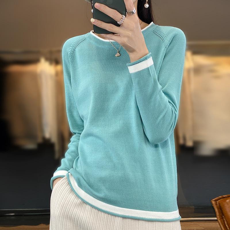 Cotton Knitwear Women's Round Neck Sweater Spring and Summer Loose Color Matching Cotton Bottoming Shirt