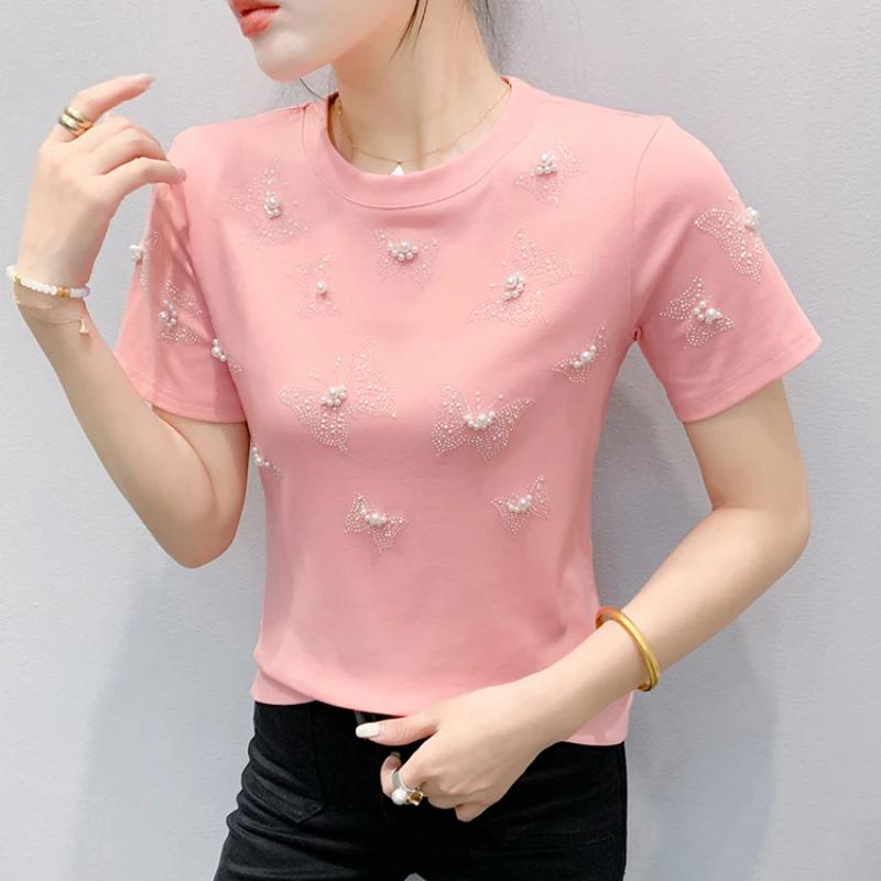 Summer New Fashion Women 100% Cotton Beading Butterfly Designer T-Shirts Short Sleeve Tees Casual Female Tops Shirts