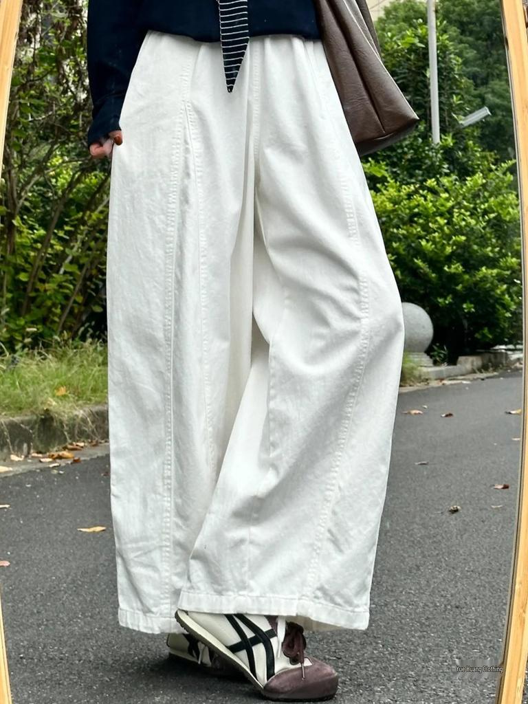 Women's Japanese-Style White Casual Wide-Leg Pants, Plus Size, Loose Drapey Nine-Tenth Balloon Design for Chubby Girls - 2026 Collection