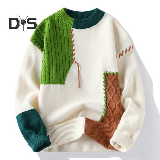 Autumn Winter Men Sweater Color Blocking Slicing Design Round Neck Loose Knitted Pullover Thick Warm Bottoming Sweater Casual Wear Work Dating Sweater