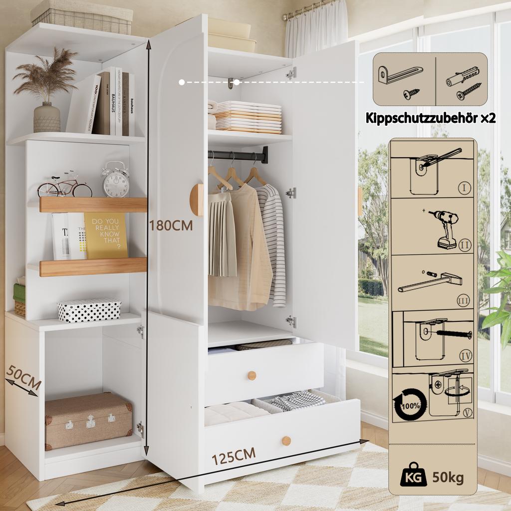 Wardrobe, Multipurpose Cabinet in White/Natural, with Drawers, Clothes Rail and Open Shelf Compartments for Bedroom, Teen Room and Hallway
