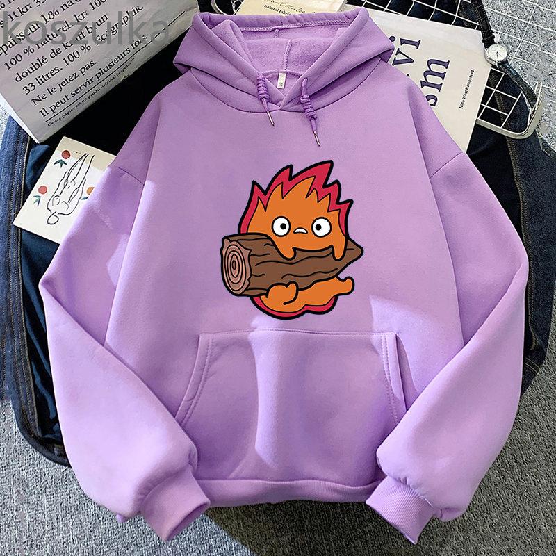 Howl's Moving Castle Calcifer Hettegensere Løs Fleece Hettegenser Tegneserie Calcifer Vintage Pullovers Gensere Vinter Dame Streetwear