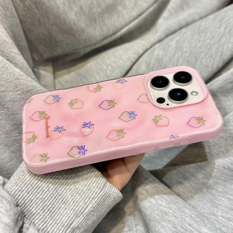 

Cute Strawberry Pattern 3D Irregular Wrinkle Meteorite Phone Cases For iPhone 17 16 15 14 Plus 13 12 11 Air Pro Max Glossy Soft iPhone 12 Pro