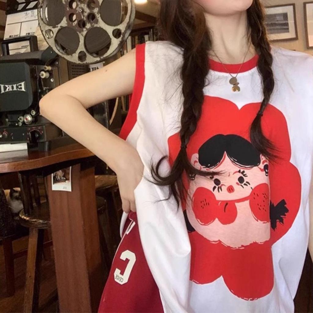 In Summer, the New Sweet and Spicy Style Contrasting Colors Medium and Long Dresses Have a Loose Design Sense, Sleeveless Vest T-shirt Skirt.