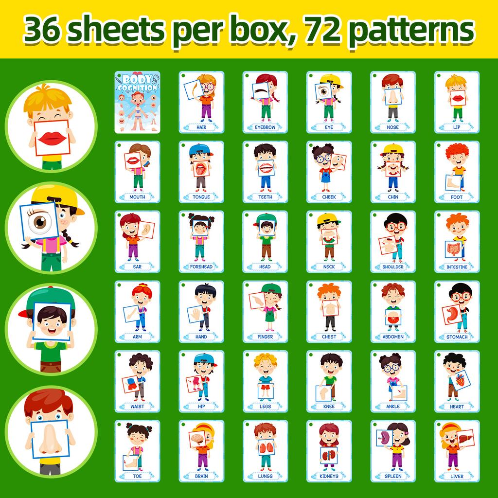 Non-Toxic 36Pcs Body Parts Flash Card Early Education Picture Recognition English Flash Card Educational Toys For Children Kids