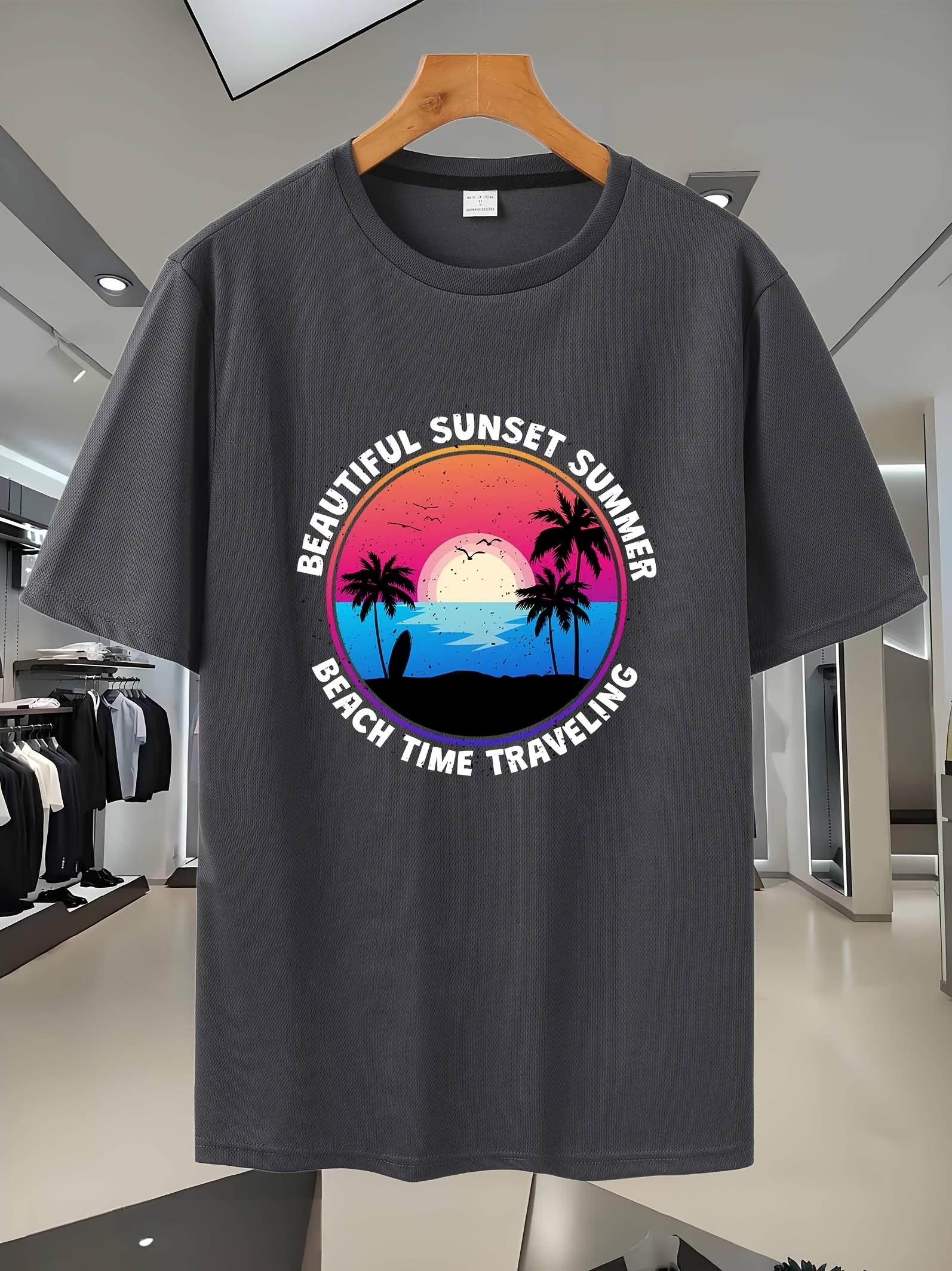 27G Breathable Mesh T-shirt - Black Beach Sunset Graphic Print M