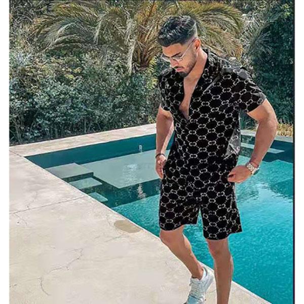 Herren Freizeitshirt mit Palmenblattdruck Hawaiianische Herren Outdoor-Badeshorts Sommer Alltags-Herren Kurzarmhemd und Shorts Set