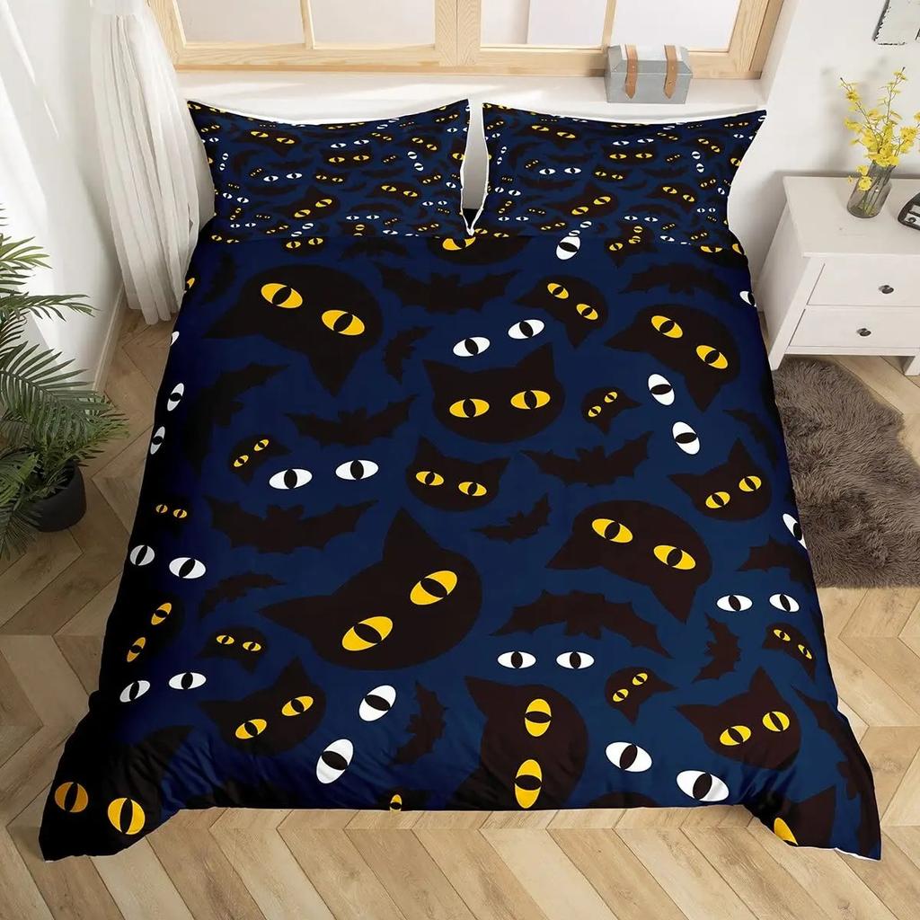 Cartoon Black Cat Duvet Cover Watercolor Flower Bedding Set Pet Animals Botanical Comforter Cover Romantic Rustic Quilt Cover