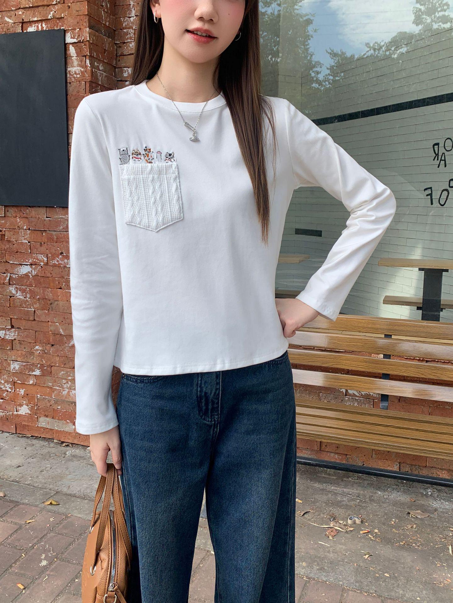 

2026 Women s Korean Style Long Sleeve T-shirt with Cat Embroidery - White Base Layer XL белый