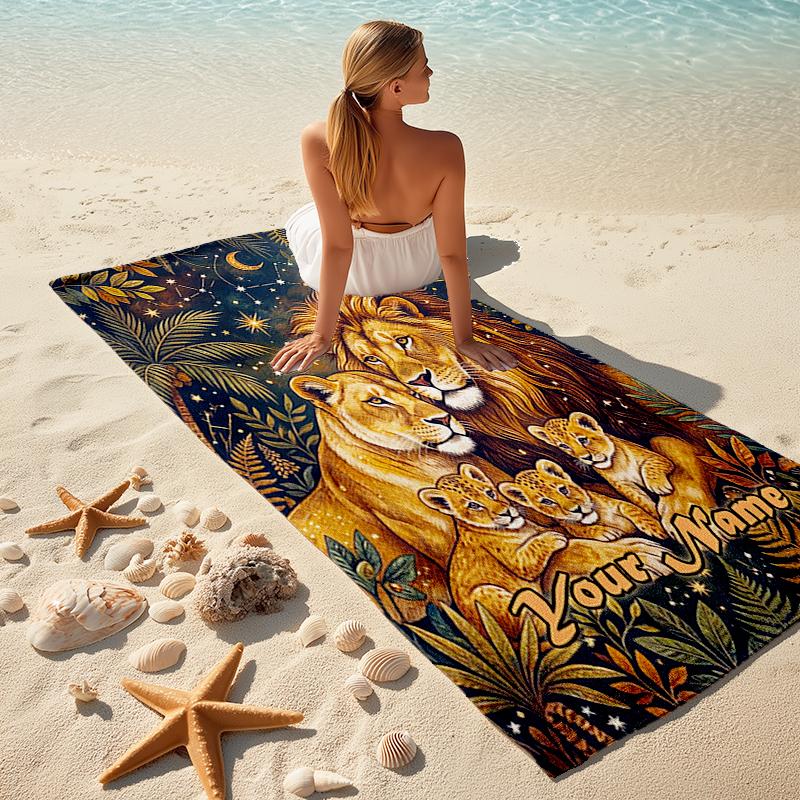 1PC Custom Name Lion Family Jungle Beach Towel Highly Absorbent And Sand-Resistant Towel for Swimming, Pool, Yoga, And Travel Lightweight