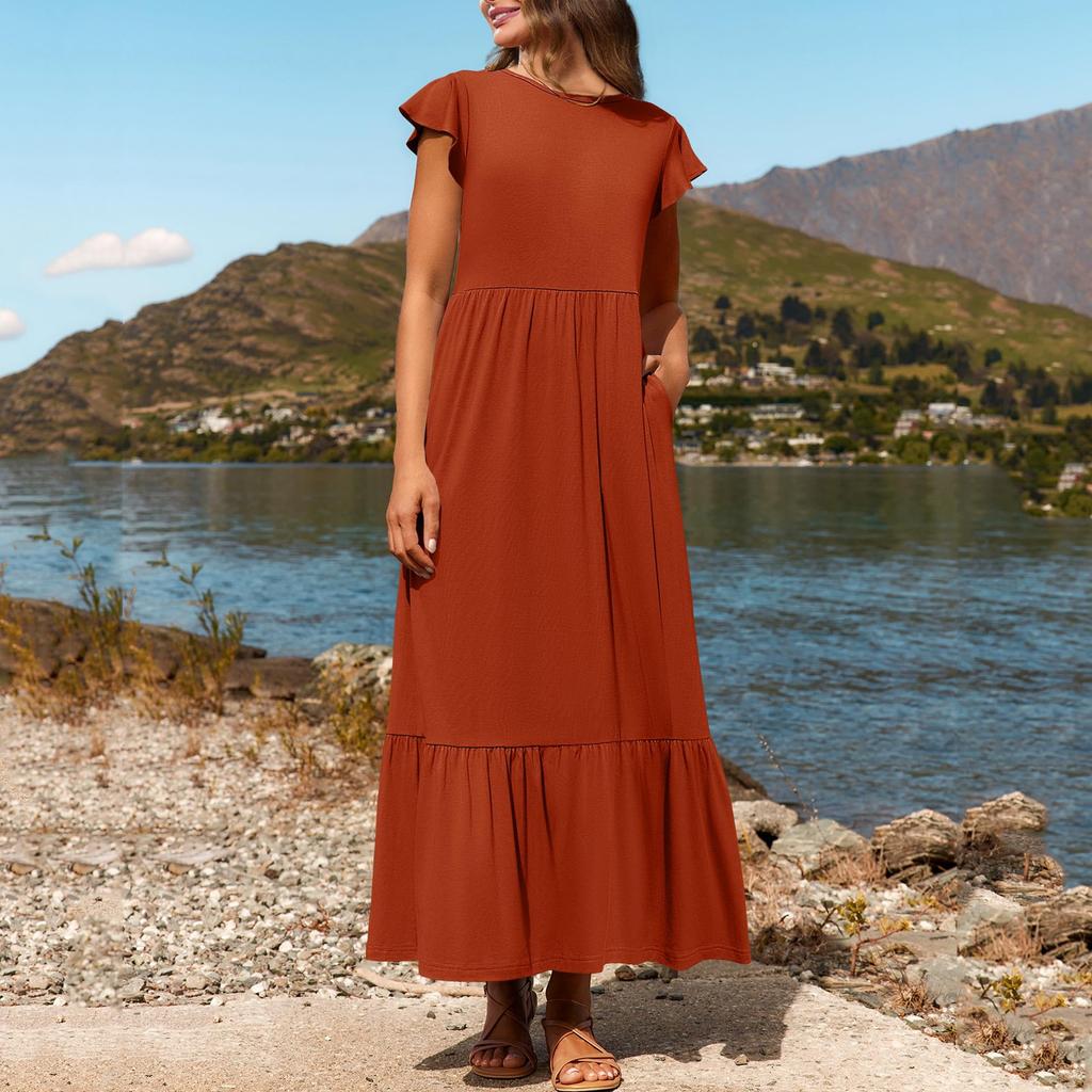 Damen Sommer Freizeitkleider Kurzarm Rundhalsausschnitt Locker Fließendes Strandkleid Mit Taschen