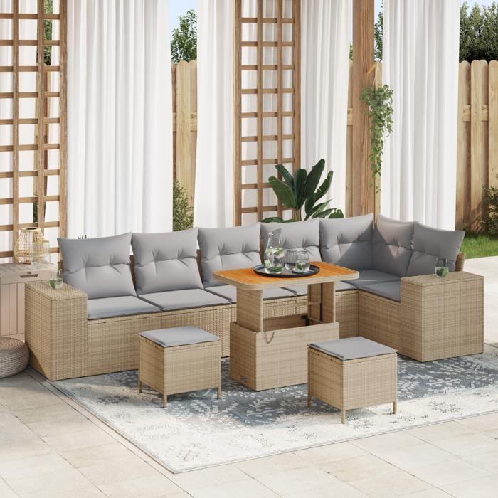 Ensemble de Canapé de jardin en Rotin Synthétique Beige de 9 pièces avec coussins, Ensemble de salle à manger de jardin 3362027