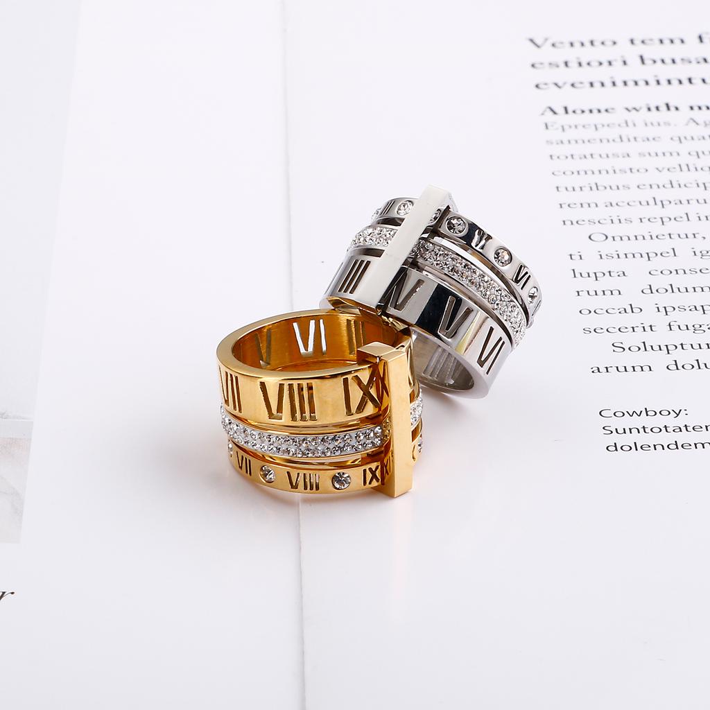 Roman Numeral Rhinestone Jewelry Stainless Steel Girl Pattern Charm Ring Ladies Mom Holiday Gift Size6-9