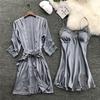 Lingerie Women Silk Lace Robe Dress Babydoll Nightdress Sleepwear Kimono Set